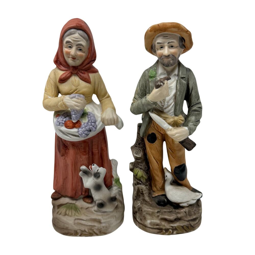 Vintage HOMCO 1417 Man & Woman Figurines Set Repaired Folk Art Farmhouse